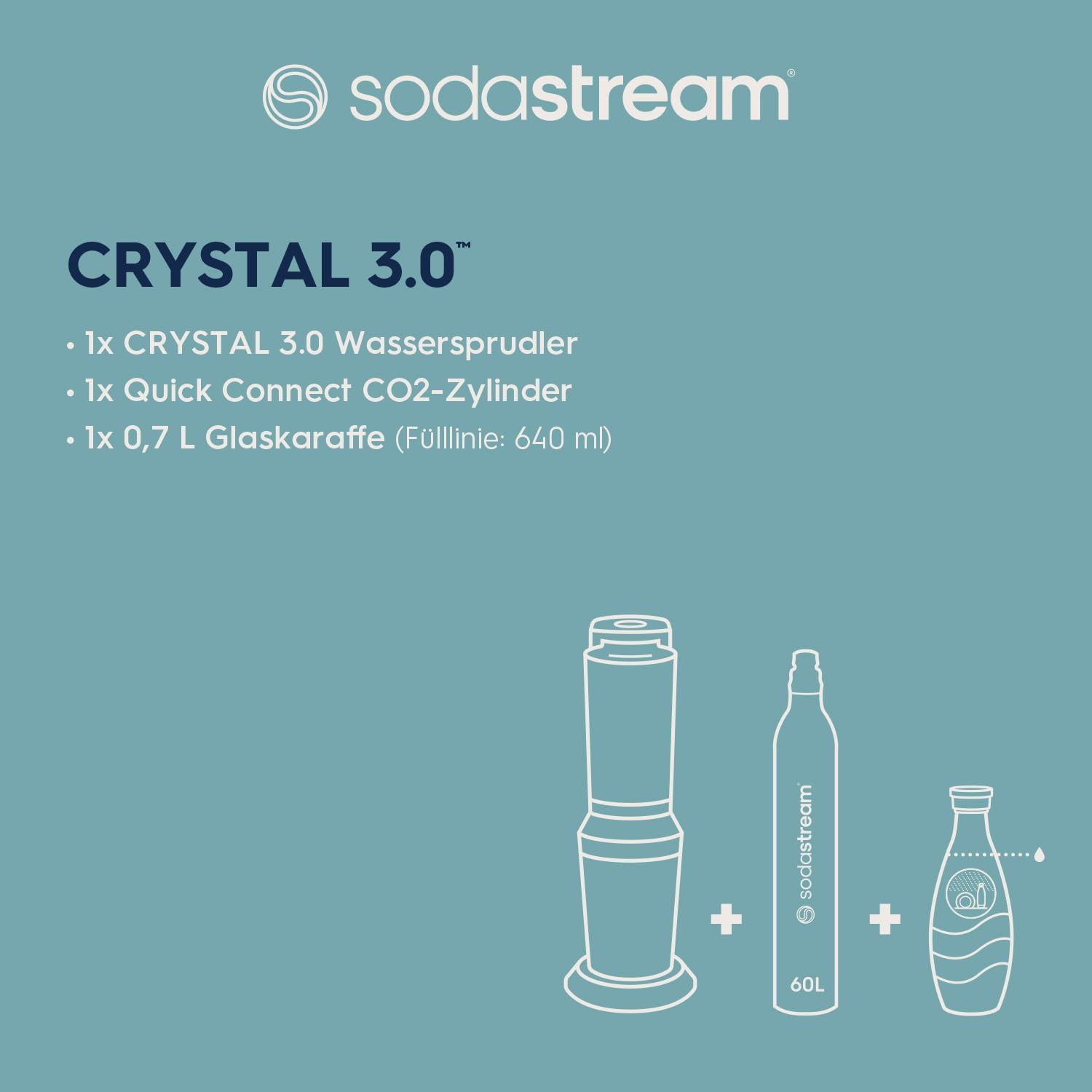 Wassersprudler Crystal 3.0 Quick-Connect CO2-Zylinder und 1x Glaskaraffen, Silber, Schwarz/Titan, 45 cm