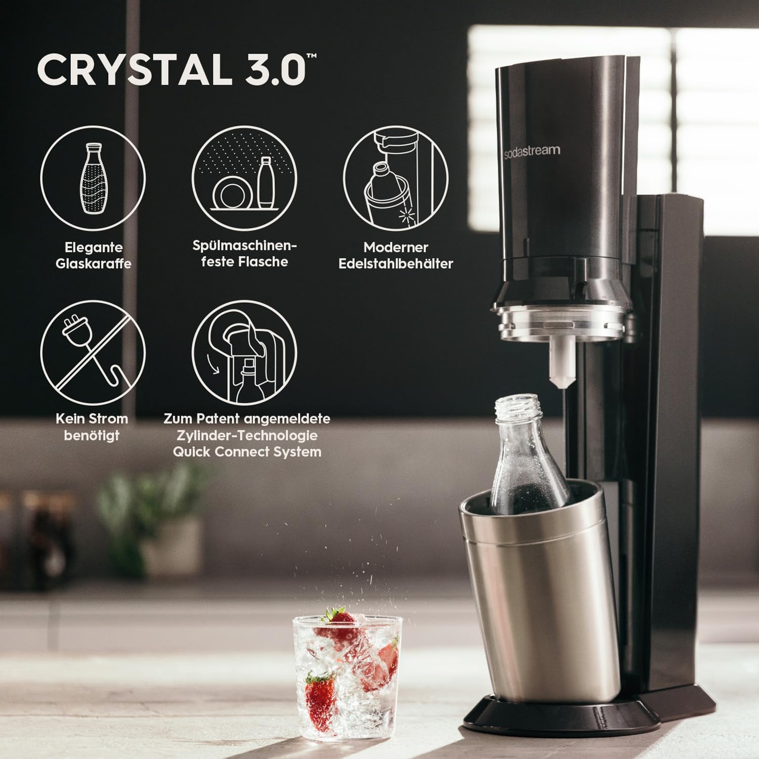 Wassersprudler Crystal 3.0 Quick-Connect CO2-Zylinder und 1x Glaskaraffen, Silber, Schwarz/Titan, 45 cm