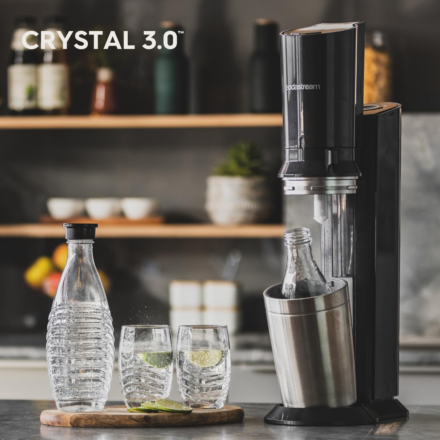 Wassersprudler Crystal 3.0 Quick-Connect CO2-Zylinder und 1x Glaskaraffen, Silber, Schwarz/Titan, 45 cm